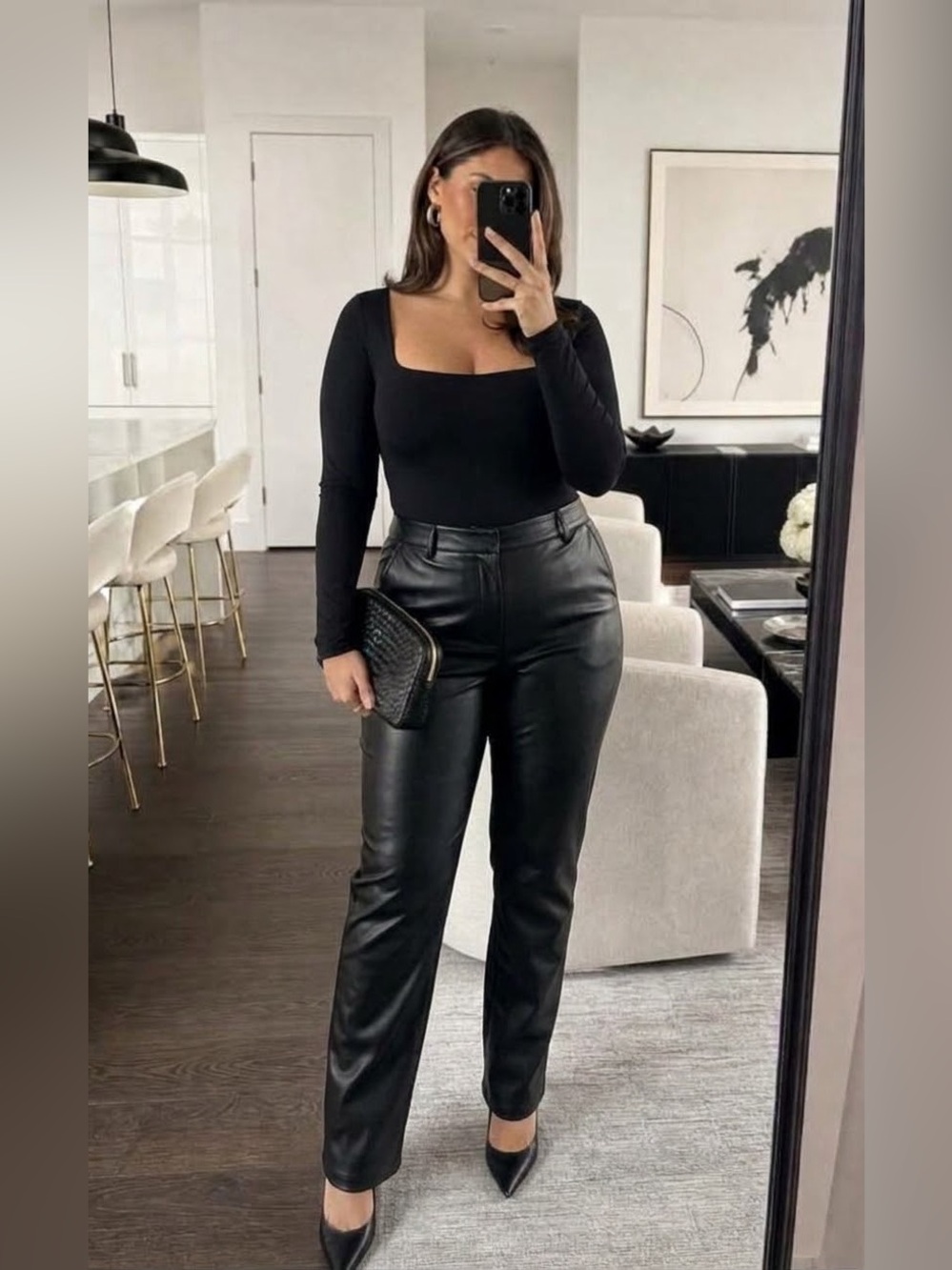 Babaton Black Faux Leather  Straight Leg Pants Size 16 Front Zip